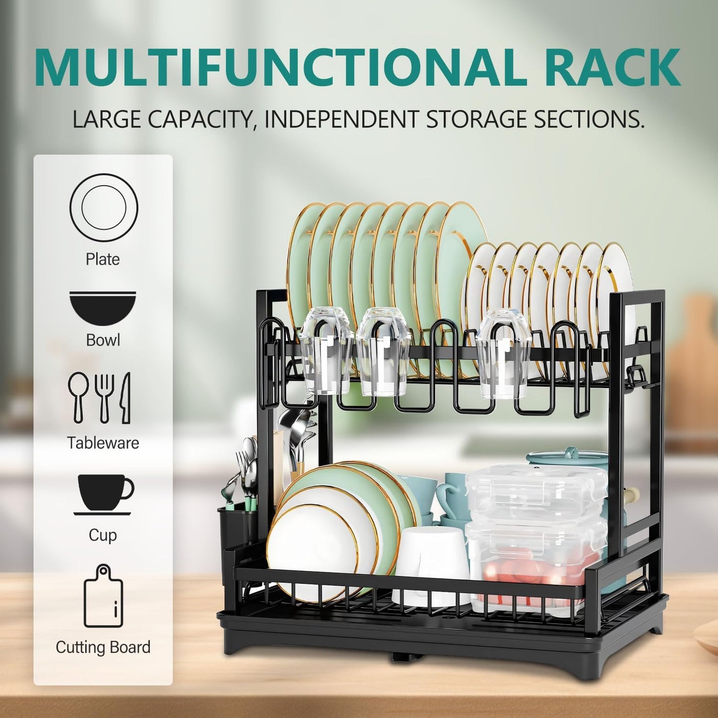 Carla Home Dish Drying Rack 2 Tier Kitchen Drainer With Drainboard