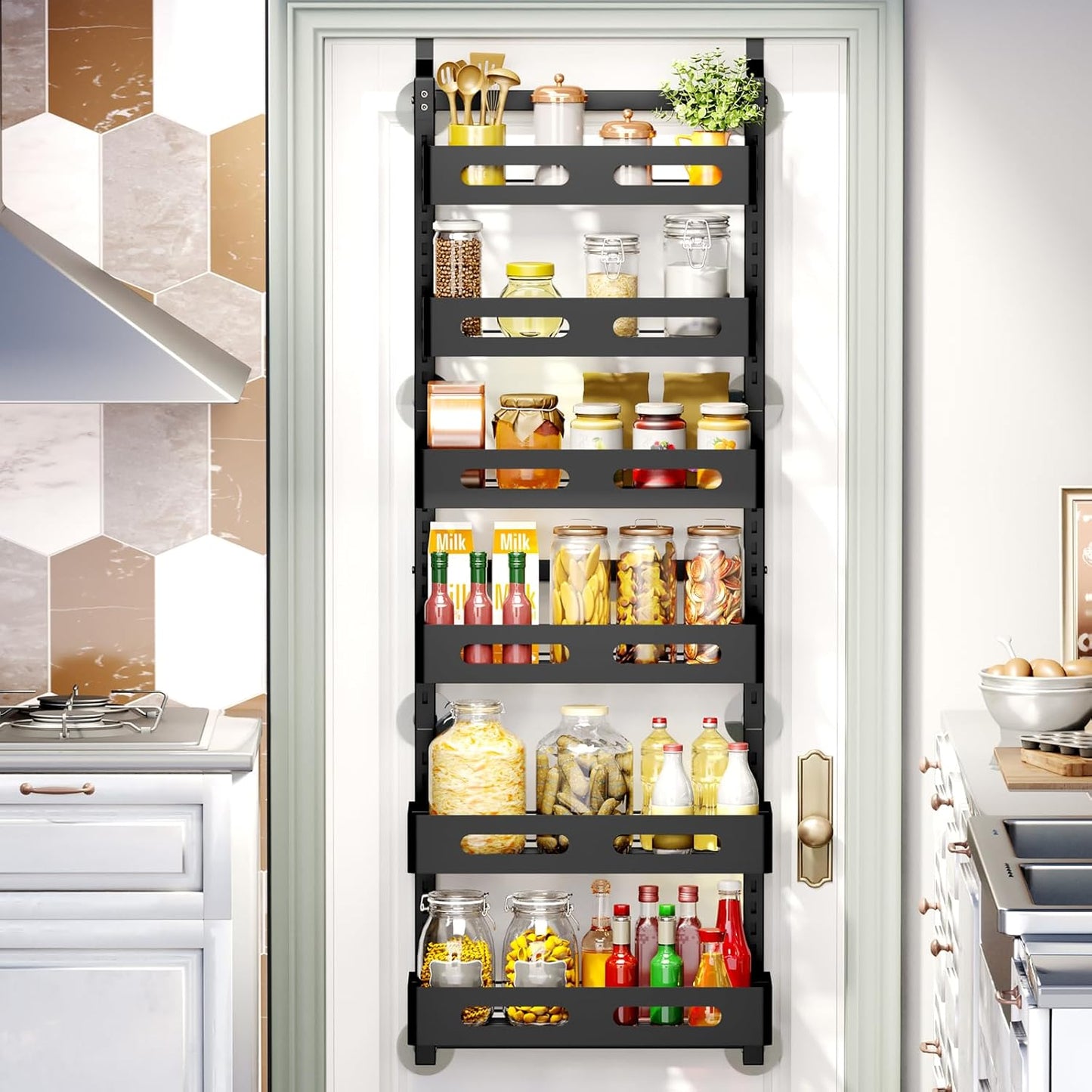 Carla Home 6 Tier Over The Door Organizer With Adjustable Metal Pantry Storage Rack And Hanging Baskets For Kitchen Bath