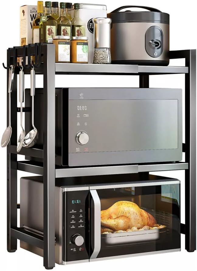 Carla Home 3 Tier Microwave Oven Rack With Adjustable Metal Kitchen Shelf Stand For Countertop Storage And 6 Hooks Utens