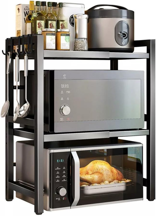 Carla Home 3 Tier Microwave Oven Rack With Adjustable Metal Kitchen Shelf Stand For Countertop Storage And 6 Hooks Utens