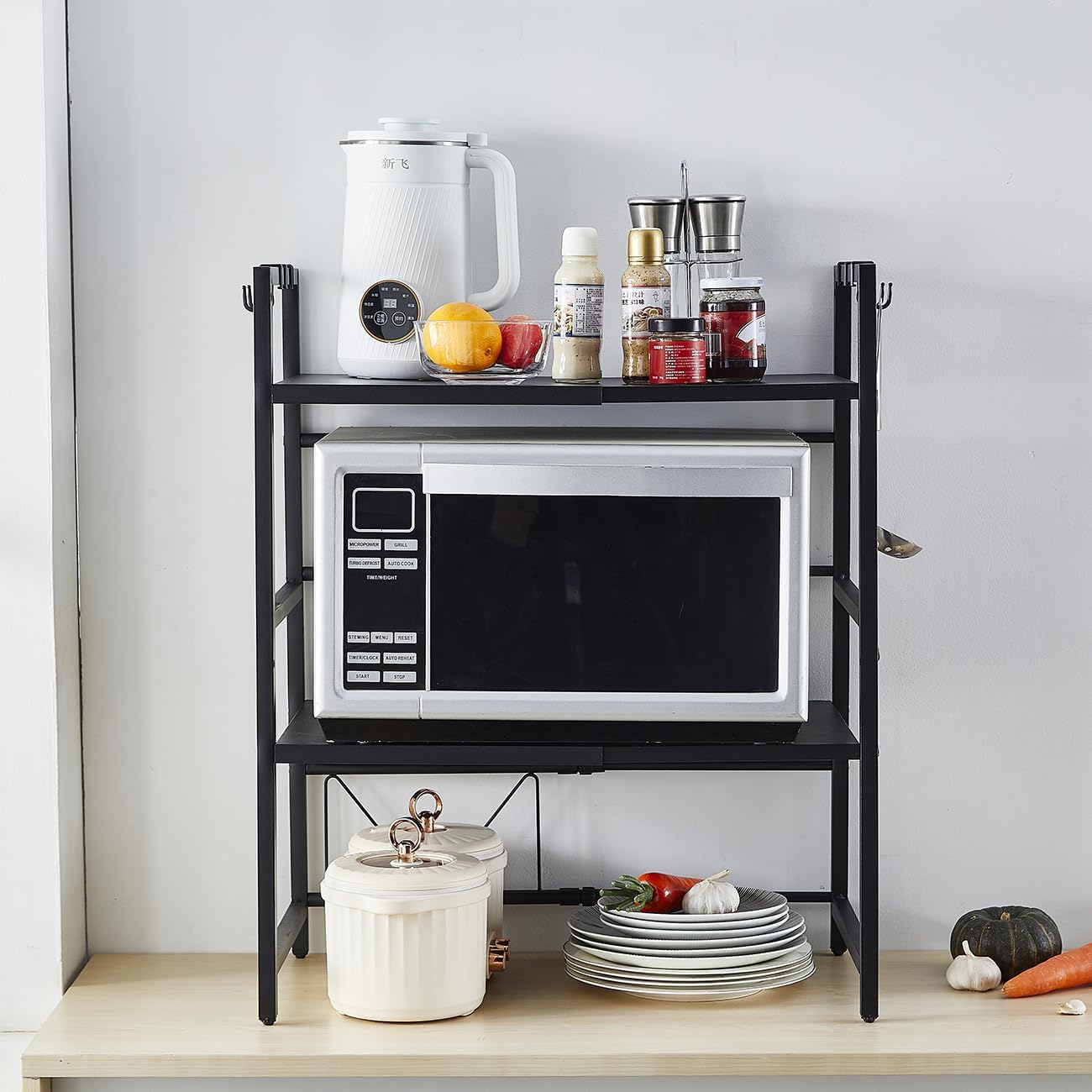 Carla Home 3 Tier Microwave Oven Rack With Adjustable Metal Kitchen Shelf Stand For Countertop Storage And 6 Hooks Utens