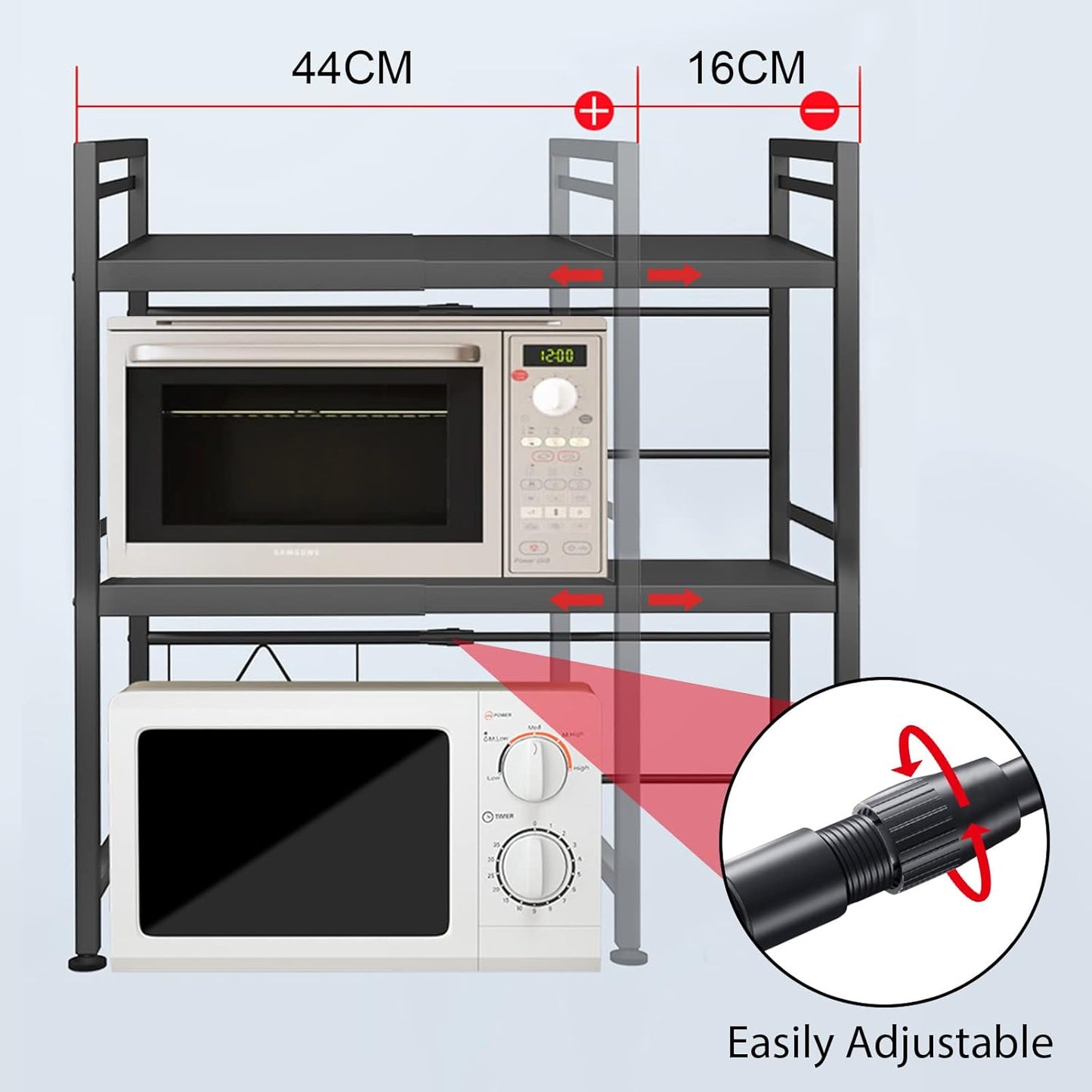 Carla Home 3 Tier Microwave Oven Rack With Adjustable Metal Kitchen Shelf Stand For Countertop Storage And 6 Hooks Utens