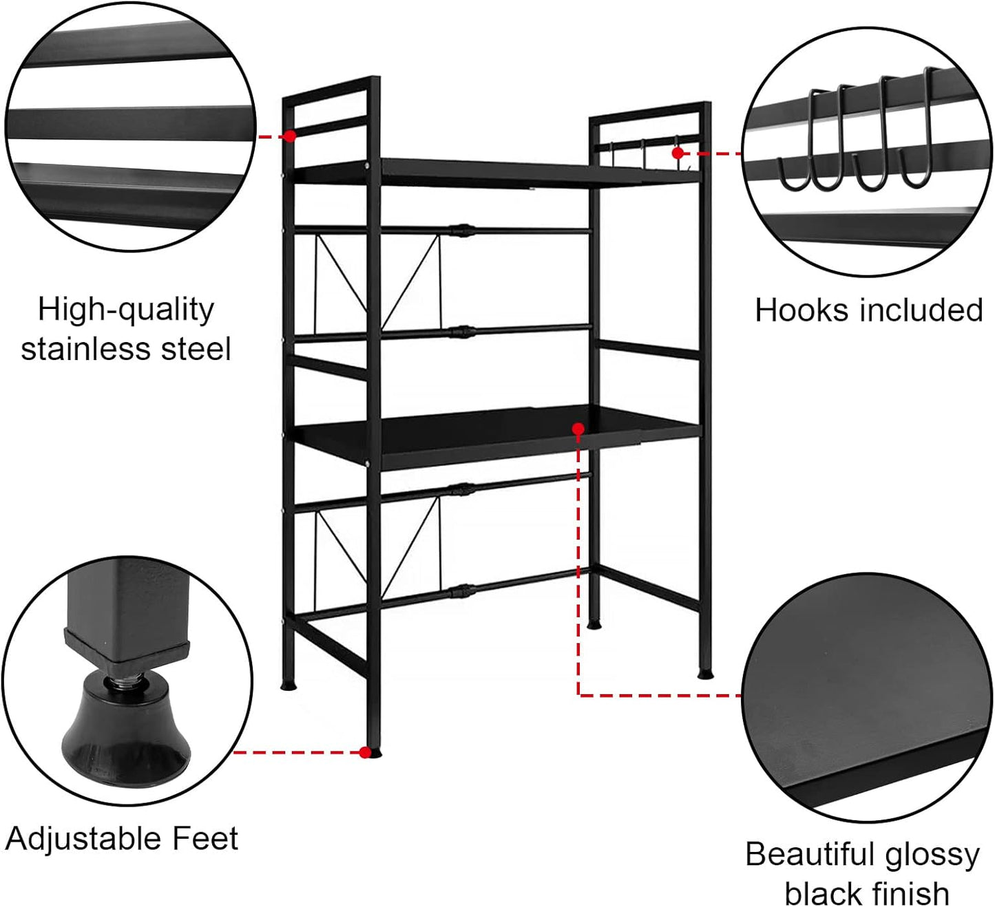 Carla Home 3 Tier Microwave Oven Rack With Adjustable Metal Kitchen Shelf Stand For Countertop Storage And 6 Hooks Utens