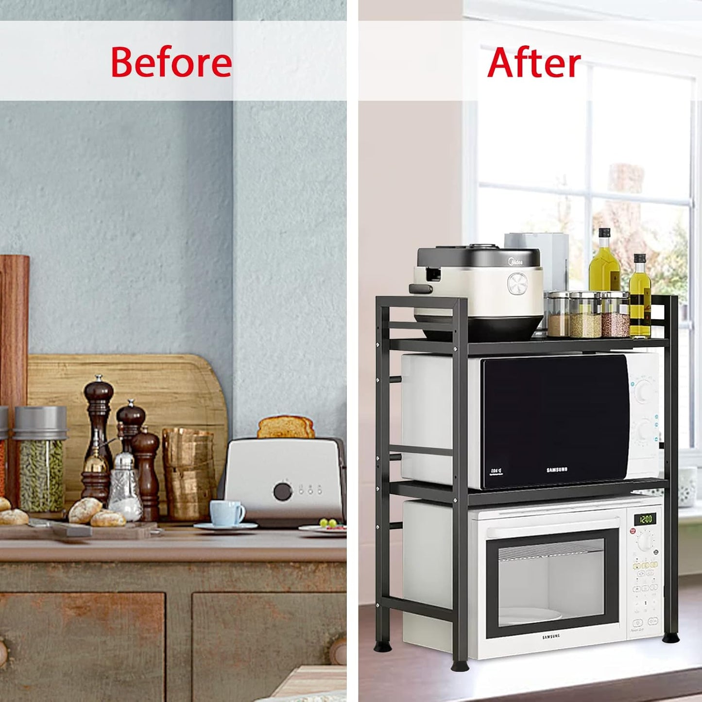 Carla Home 3 Tier Microwave Oven Rack With Adjustable Metal Kitchen Shelf Stand For Countertop Storage And 6 Hooks Utens