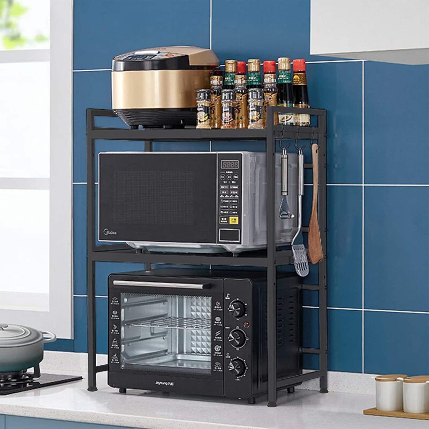 Carla Home 3 Tier Microwave Oven Rack With Adjustable Metal Kitchen Shelf Stand For Countertop Storage And 6 Hooks Utens