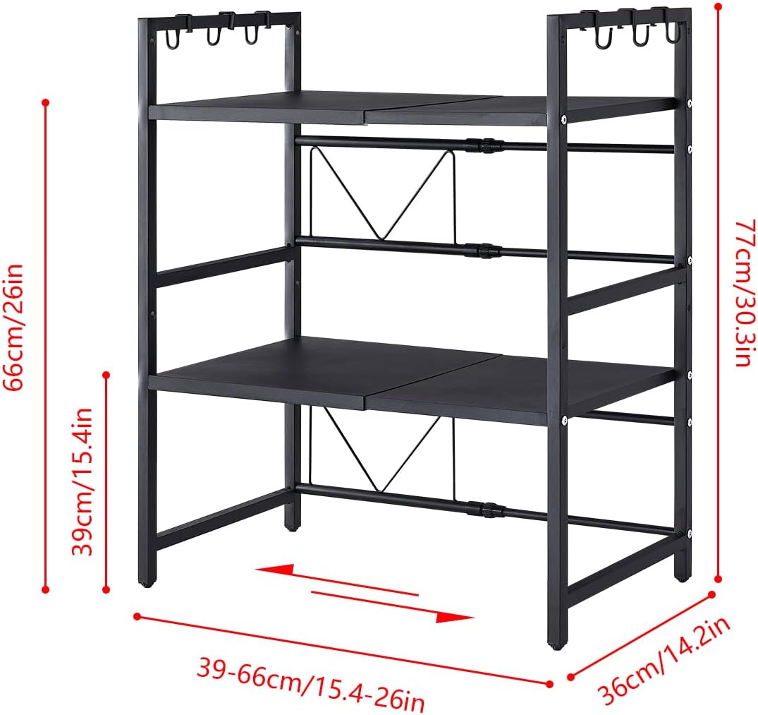 Carla Home 3 Tier Microwave Oven Rack With Adjustable Metal Kitchen Shelf Stand For Countertop Storage And 6 Hooks Utens