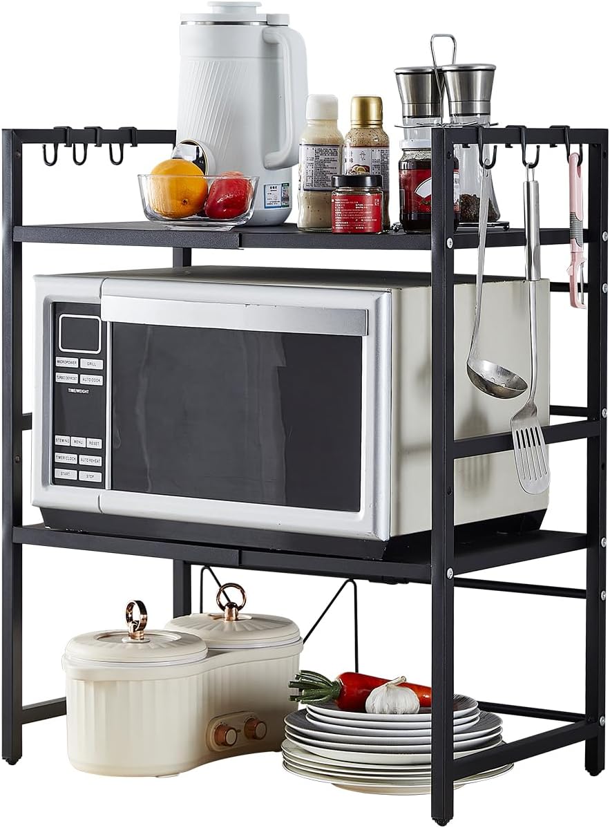 Carla Home 3 Tier Microwave Oven Rack With Adjustable Metal Kitchen Shelf Stand For Countertop Storage And 6 Hooks Utens
