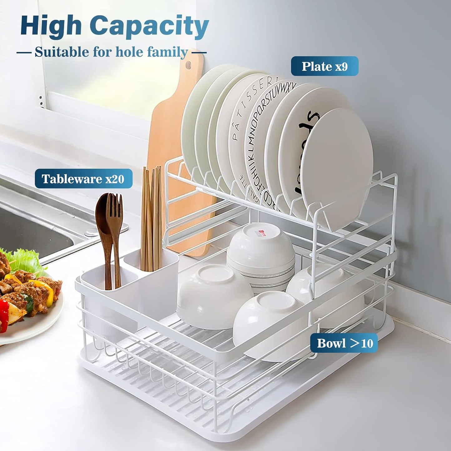 Carla Home 2 Tier Dish Drying Rack For Kitchen Counter With Removable Drip Tray Utensil Holder And Cutlery Organizer