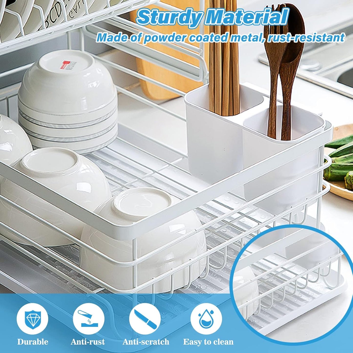 Carla Home 2 Tier Dish Drying Rack For Kitchen Counter With Removable Drip Tray Utensil Holder And Cutlery Organizer