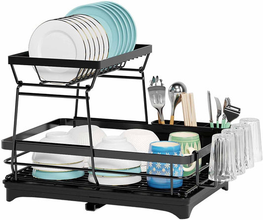 Carla Home 2 Tier Dish Drying Rack For Kitchen Counter With Drainboard Utensil Holder Cup & Cutlery Organizer