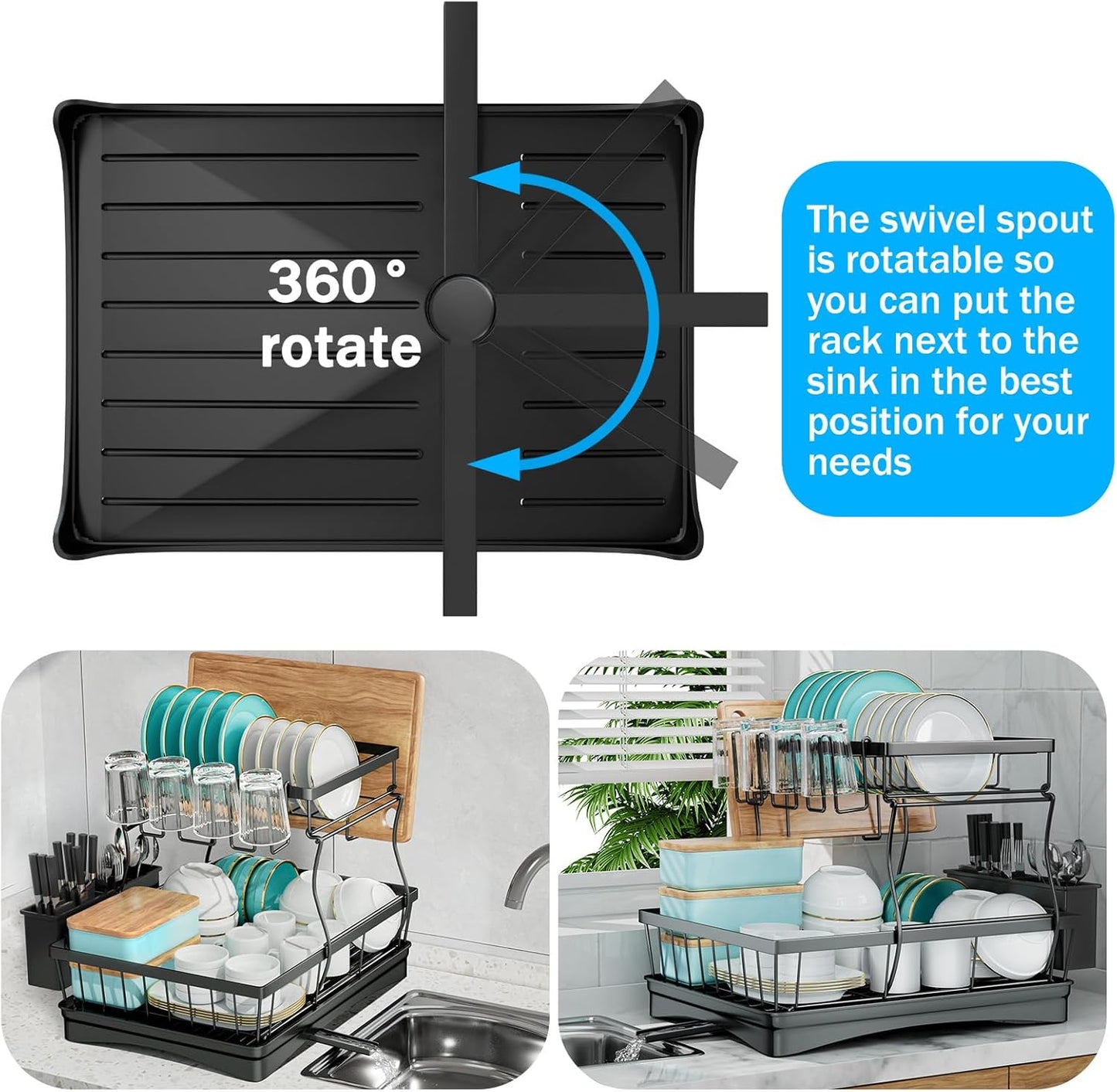 Carla Home 2 Tier Dish Drying Rack For Kitchen Counter With Drainboard Utensil Holder Cup & Cutlery Organizer