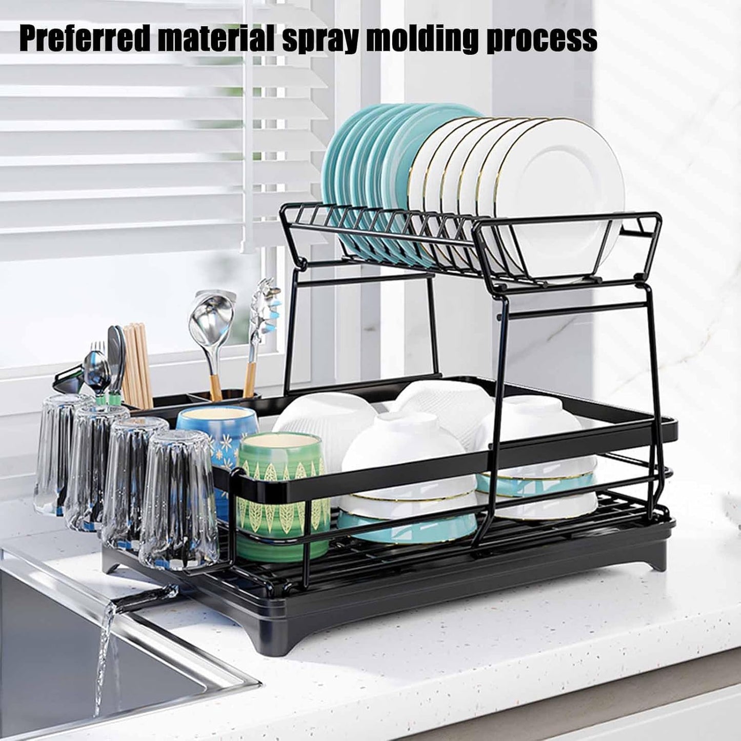 Carla Home 2 Tier Dish Drying Rack For Kitchen Counter With Drainboard Utensil Holder Cup & Cutlery Organizer