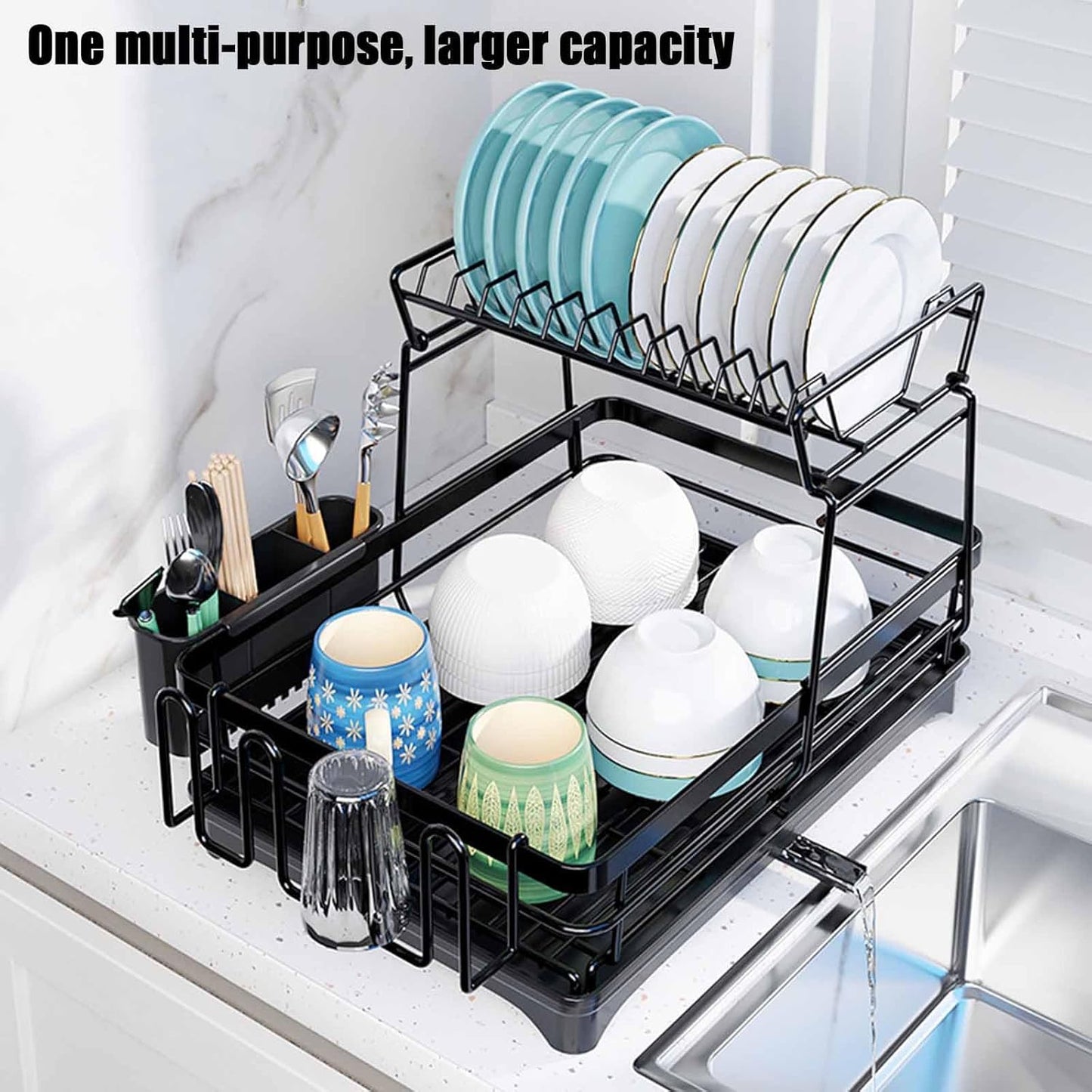 Carla Home 2 Tier Dish Drying Rack For Kitchen Counter With Drainboard Utensil Holder Cup & Cutlery Organizer