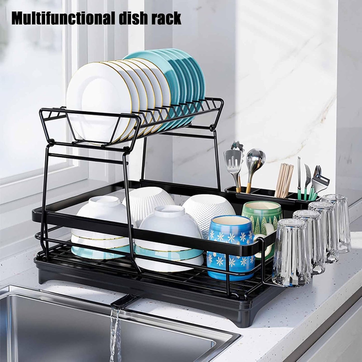 Carla Home 2 Tier Dish Drying Rack For Kitchen Counter With Drainboard Utensil Holder Cup & Cutlery Organizer