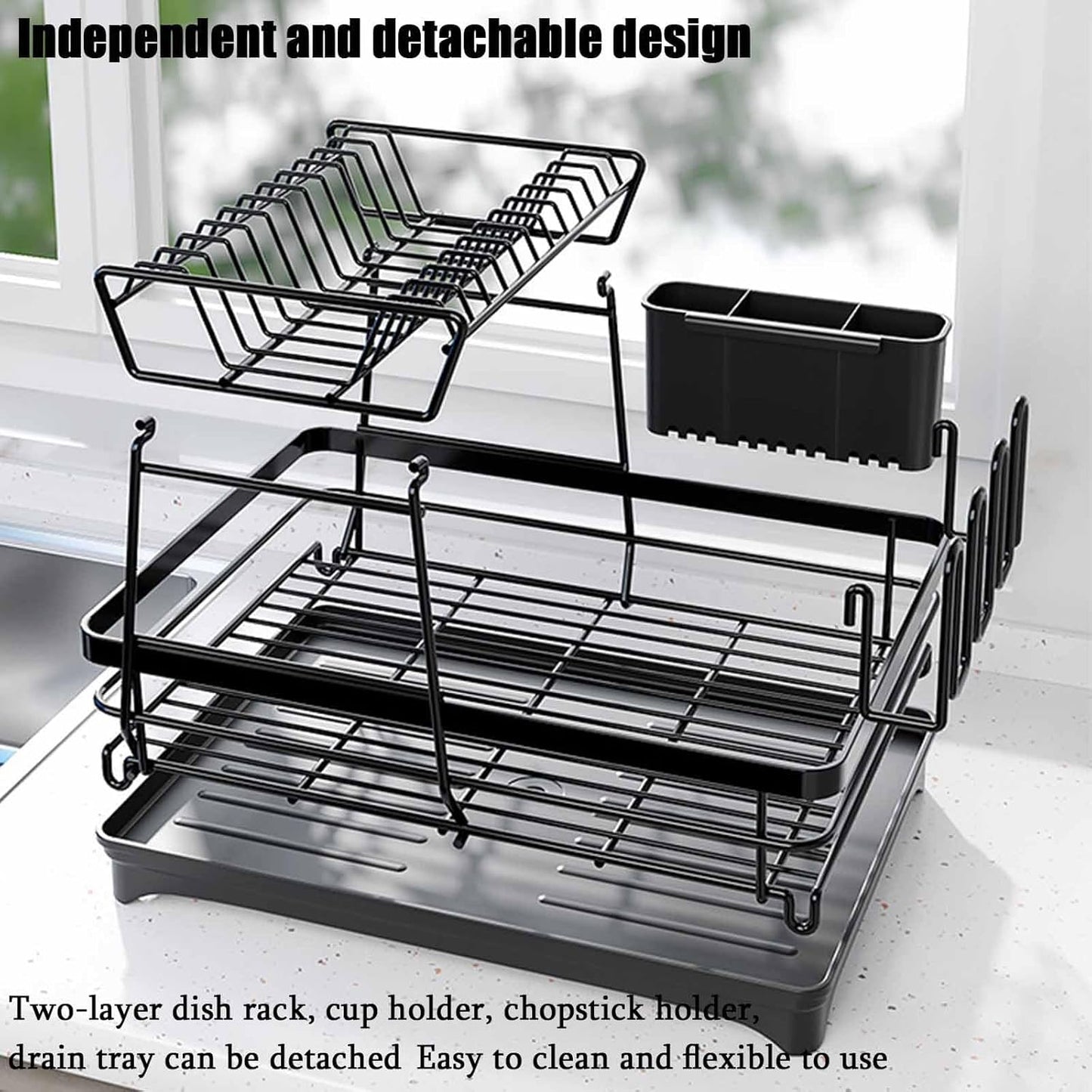 Carla Home 2 Tier Dish Drying Rack For Kitchen Counter With Drainboard Utensil Holder Cup & Cutlery Organizer