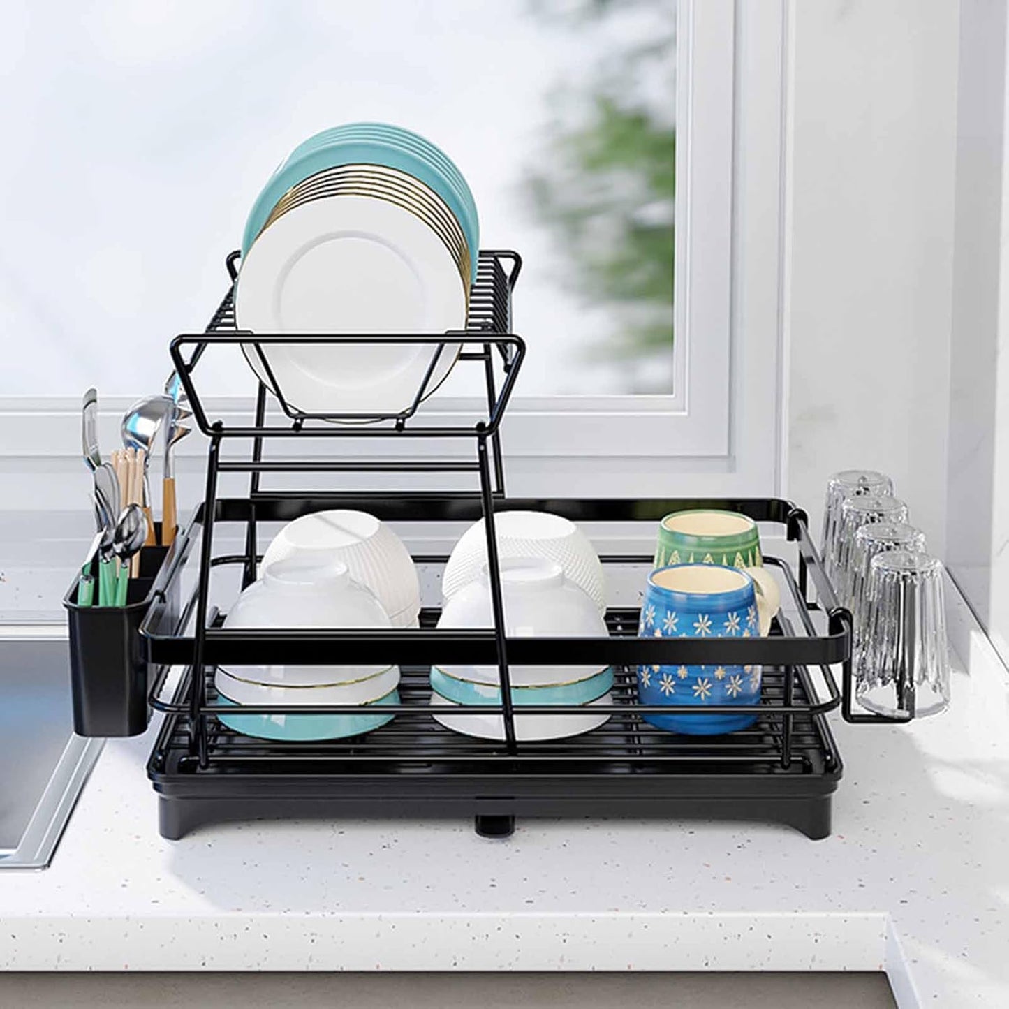 Carla Home 2 Tier Dish Drying Rack For Kitchen Counter With Drainboard Utensil Holder Cup & Cutlery Organizer