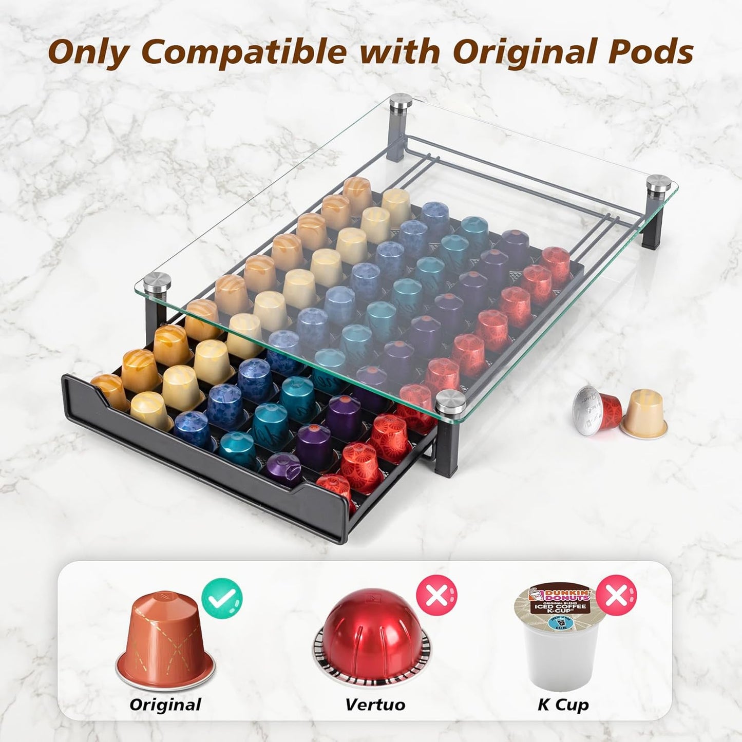 Carla Home 60 Coffee Pod Holder Drawer With Tempered Glass Capsule Organizer For Nespresso Pods And Sliding Kitchen Coun
