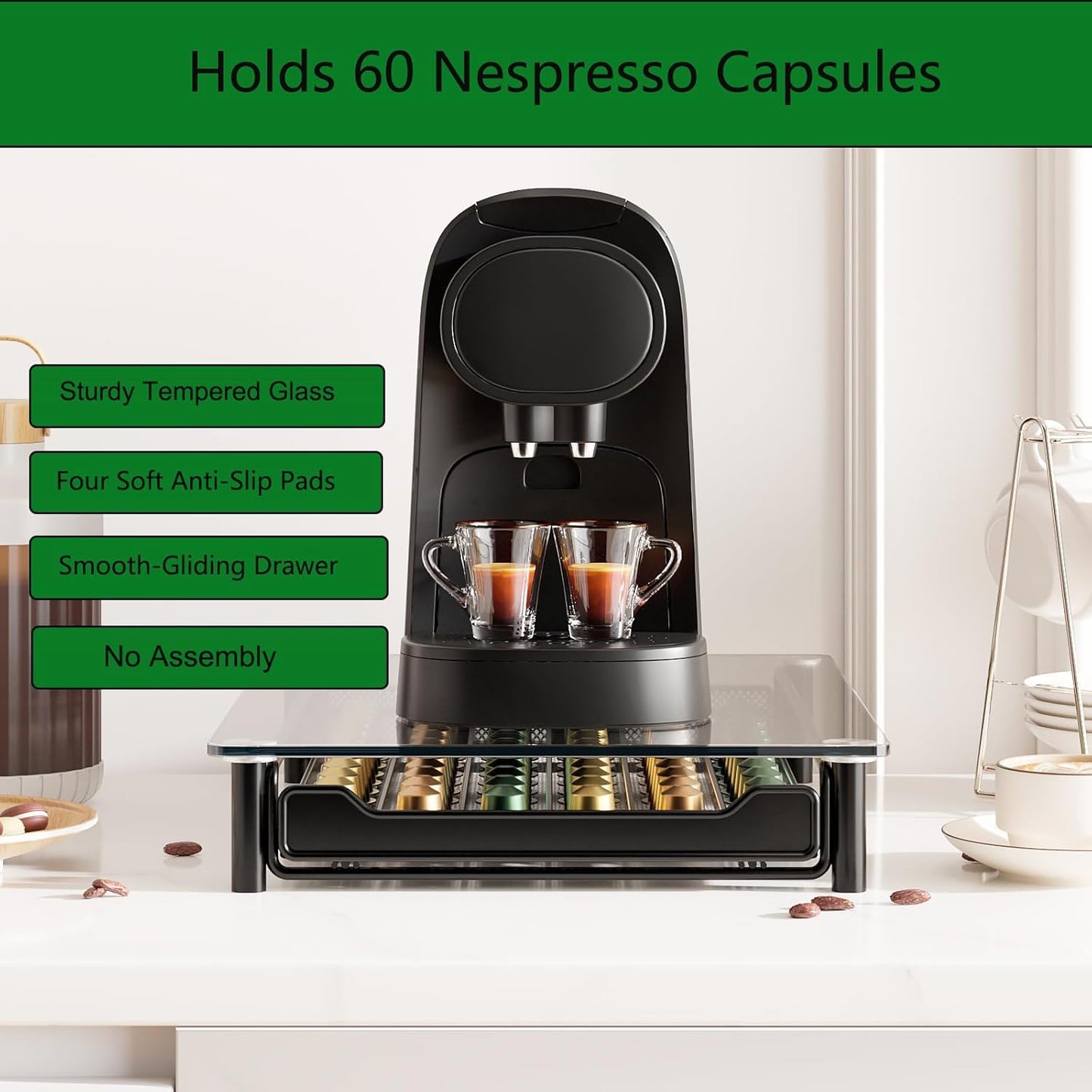 Carla Home 60 Coffee Pod Holder Drawer With Tempered Glass Capsule Organizer For Nespresso Pods And Sliding Kitchen Coun