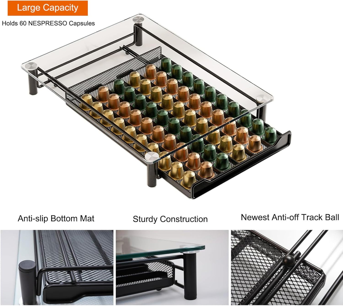 Carla Home 60 Coffee Pod Holder Drawer With Tempered Glass Capsule Organizer For Nespresso Pods And Sliding Kitchen Coun
