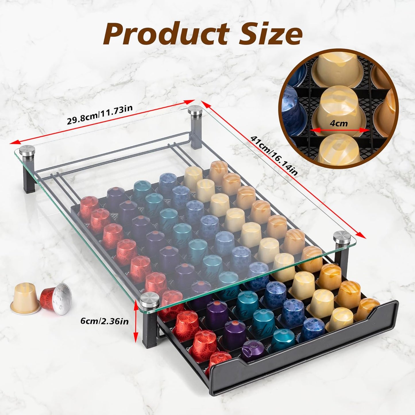 Carla Home 60 Coffee Pod Holder Drawer With Tempered Glass Capsule Organizer For Nespresso Pods And Sliding Kitchen Coun
