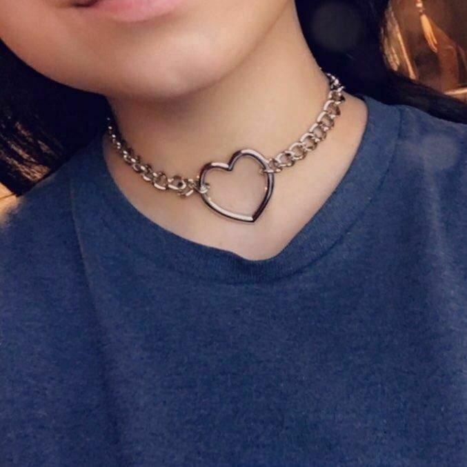 Women Sexy Harajuku Silver Heart Link Chain Necklace Bdsm Choker Collar