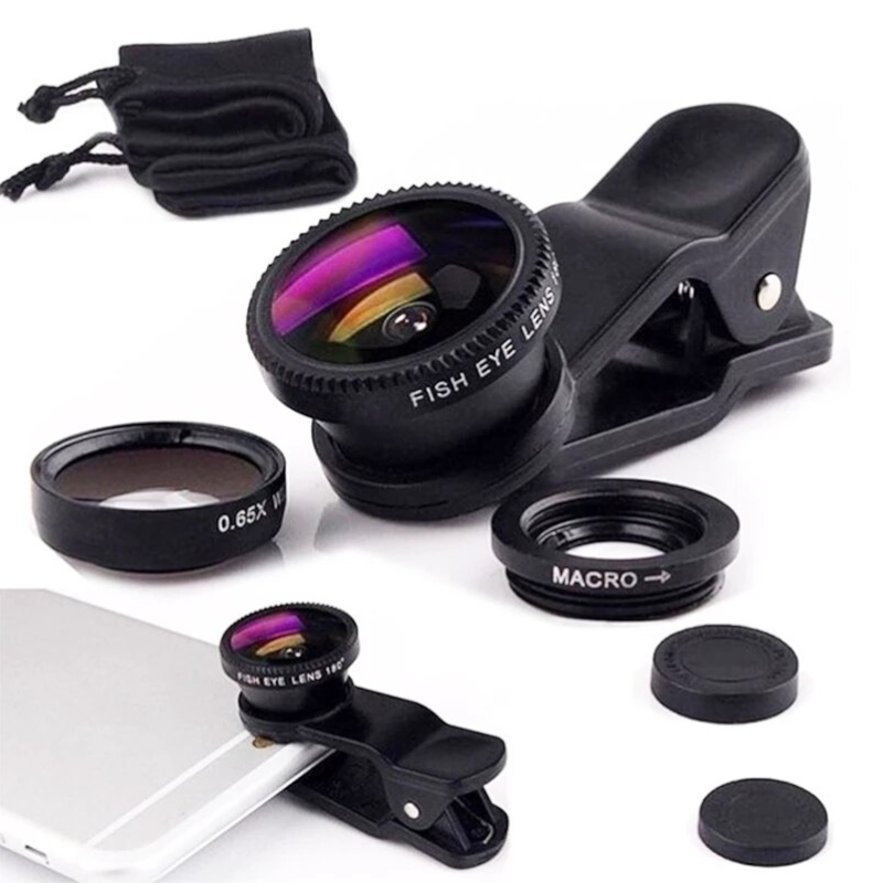 3 In1 Fish Eye Wide Angle Macro Camera Clip On Lens For Universal Cell Phone Black
