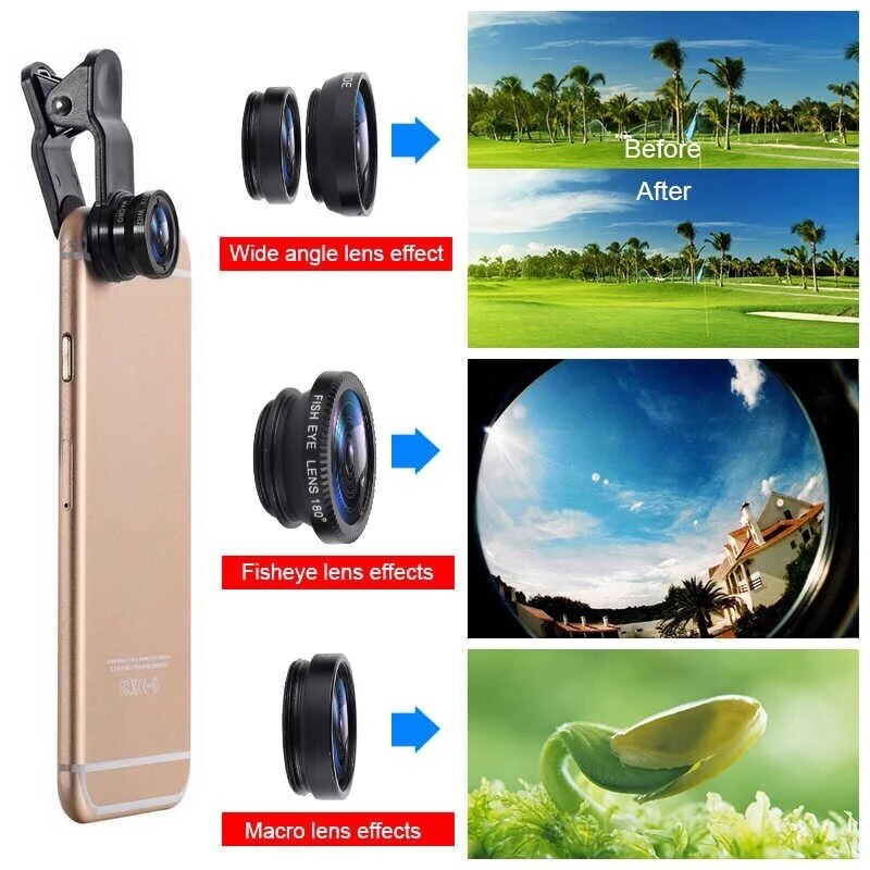 3 In1 Fish Eye Wide Angle Macro Camera Clip On Lens For Universal Cell Phone Black