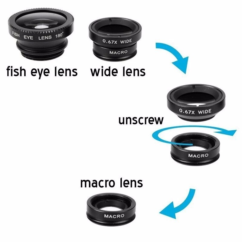 3 In1 Fish Eye Wide Angle Macro Camera Clip On Lens For Universal Cell Phone Black