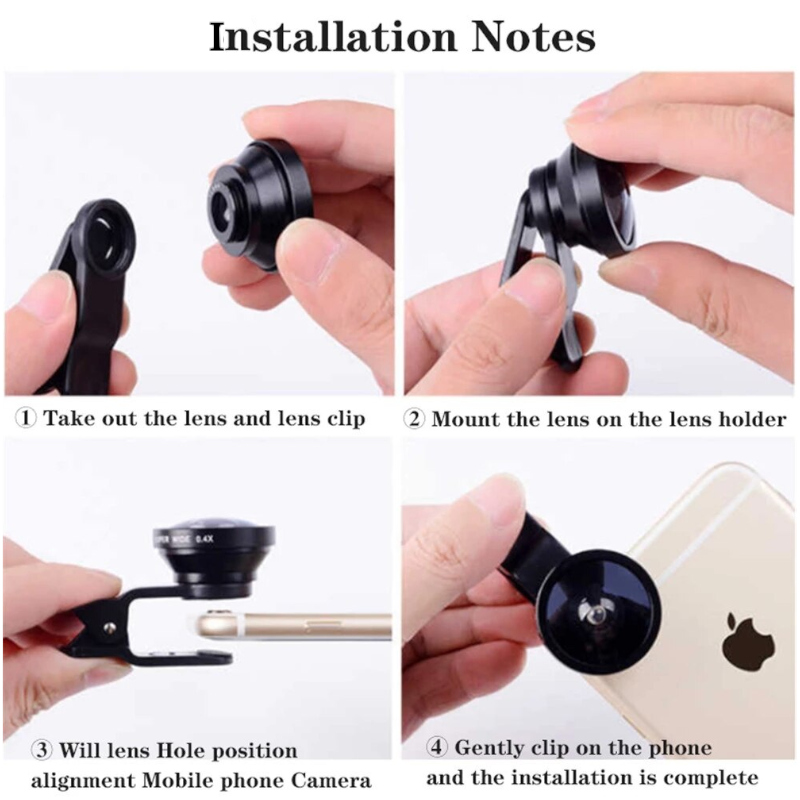 3 In1 Fish Eye Wide Angle Macro Camera Clip On Lens For Universal Cell Phone Black