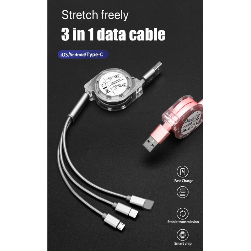 3 In1 Retractable 1M Fast Charger Cord Cable For Micro Usb / 8 Pin Type Devices Quarry