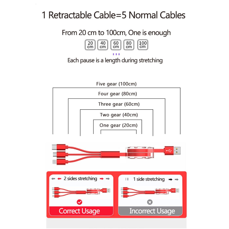 3 In1 Retractable 1M Fast Charger Cord Cable For Micro Usb / 8 Pin Type Devices Quarry