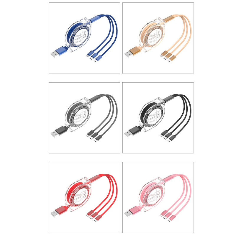 3 In1 Retractable 1M Fast Charger Cord Cable For Micro Usb / 8 Pin Type Devices Quarry