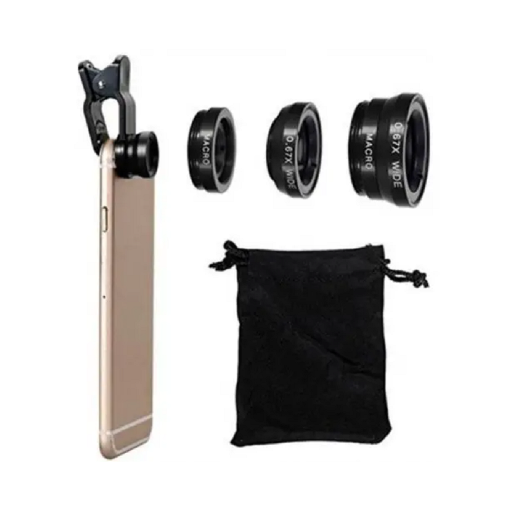 3 In 1 Mobile Phone Lenses Fish Eye Wide Angle Macro Camera For Iphone X / 8 Plus Xiaomi Huawei Samsung Black
