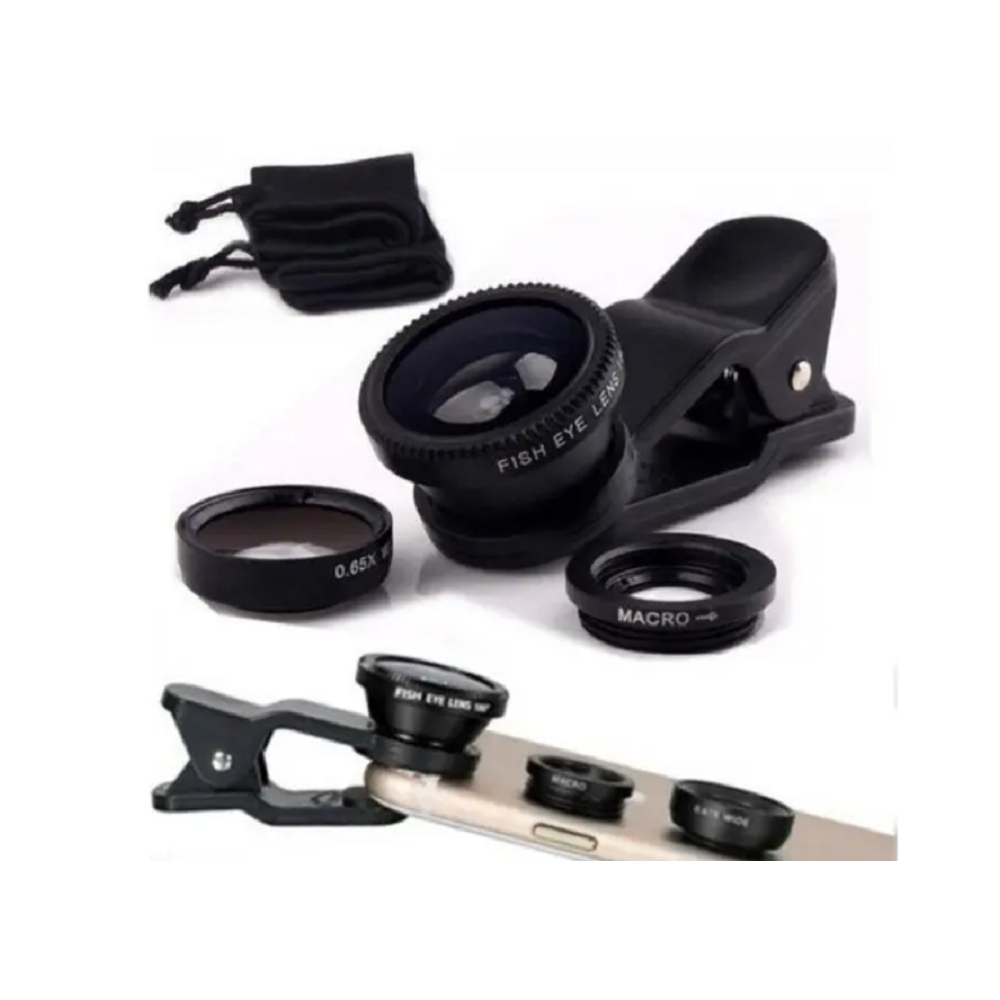 3 In 1 Mobile Phone Lenses Fish Eye Wide Angle Macro Camera For Iphone X / 8 Plus Xiaomi Huawei Samsung Black