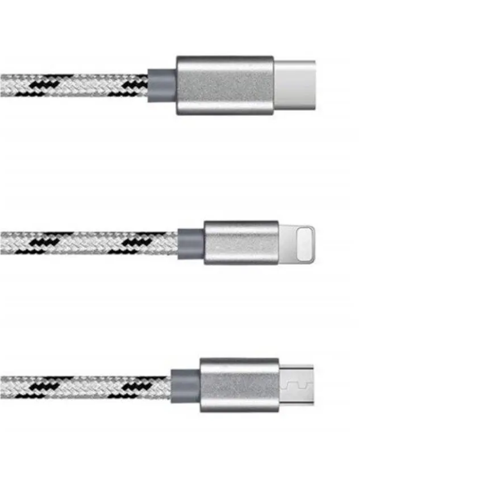 3 In 1 Type C / 8Pin Micro Usbnylon Cable 1.2M Jet Gray