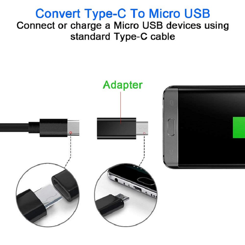 3 Pcs Type C Usb To Micro Adapter Converter Data Sync Charging Connector Black