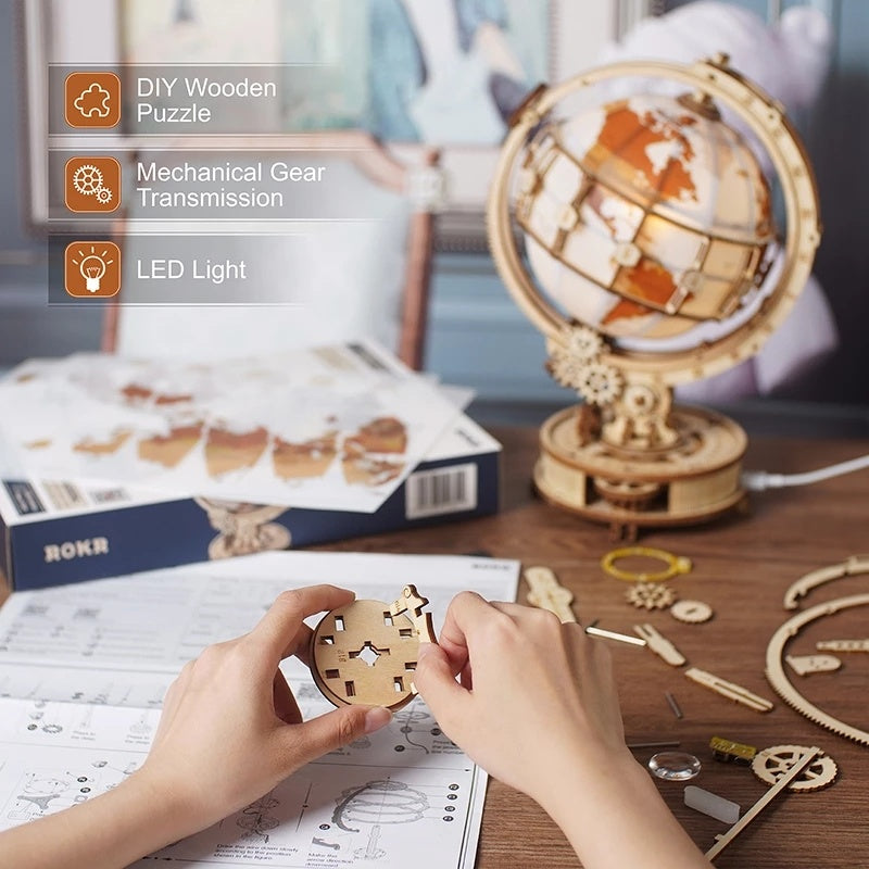 Okr Luminous Globe 3D Wooden Puzzle Model Building Kit For Children