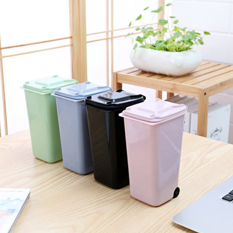 Multifunctional Plastic Storage Bin Desktop Trash Can With Wheel