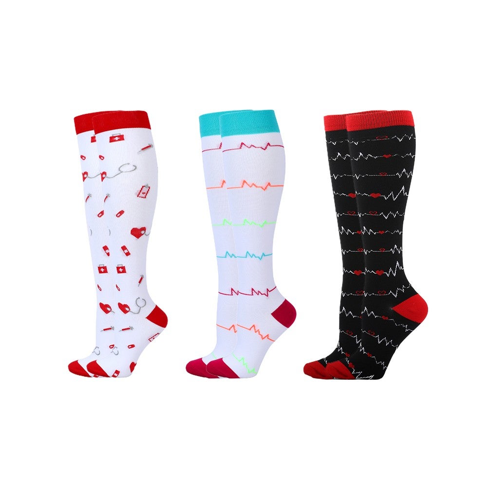 3 Pair Knee Length Printed Compression Socks Enhance Blood Circulation Faster