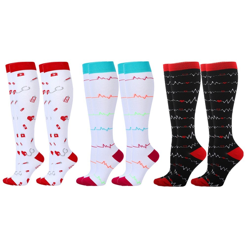 3 Pair Knee Length Printed Compression Socks Enhance Blood Circulation Faster