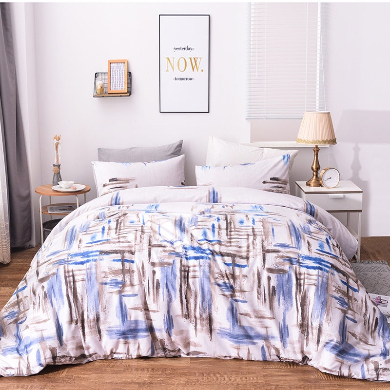 3Pcs Queen Bed Quilt Cover Set One Two Pillowcases Blue Grey Lines