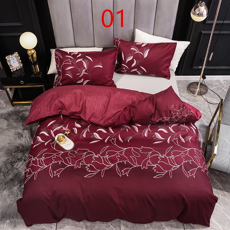 3Pcs Queen Bed Quilt Cover Set One Two Pillowcases Leafy Wine Red