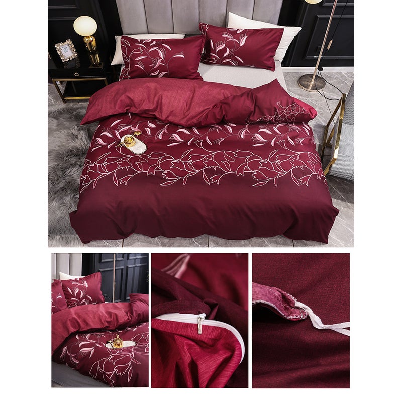 3Pcs Queen Bed Quilt Cover Set One Two Pillowcases Leafy Wine Red