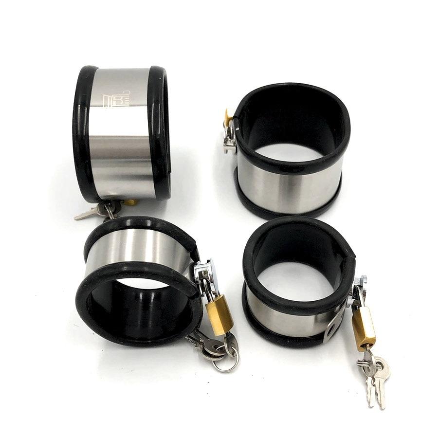 Stainless Steel Locking Wrist Ankle Cuffs Collar Bdsm Fetish Kit