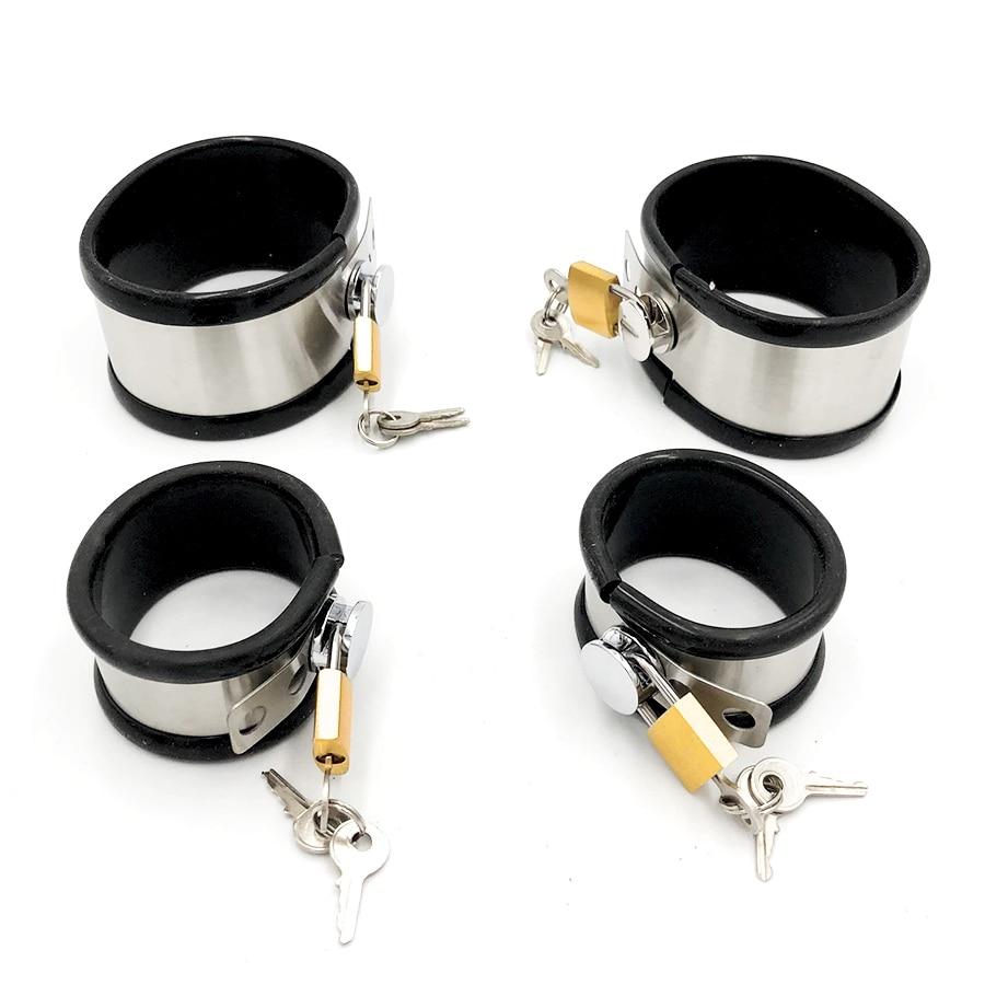 Stainless Steel Locking Wrist Ankle Cuffs Collar Bdsm Fetish Kit
