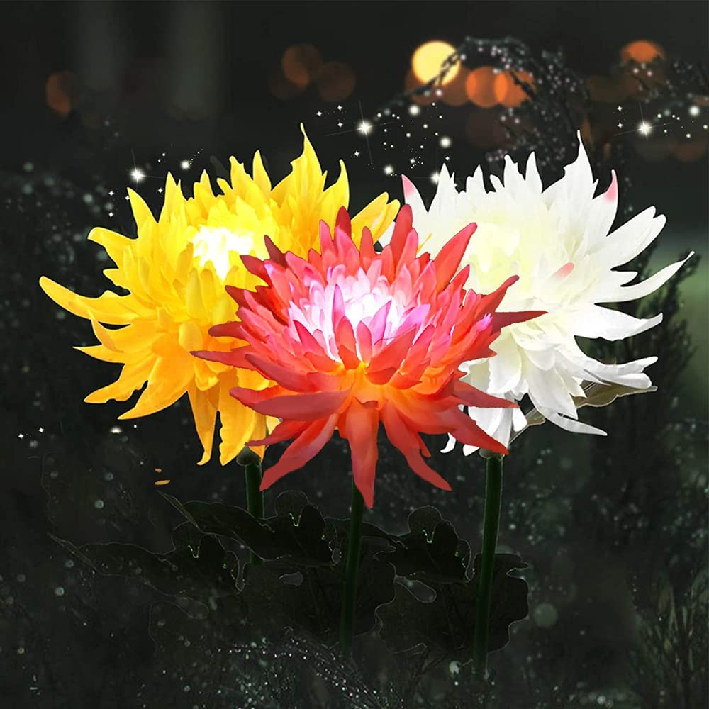 3 Pieces Solar Power Chrysanthemum Ground Light Flower Lamp Outdoor Garden Features