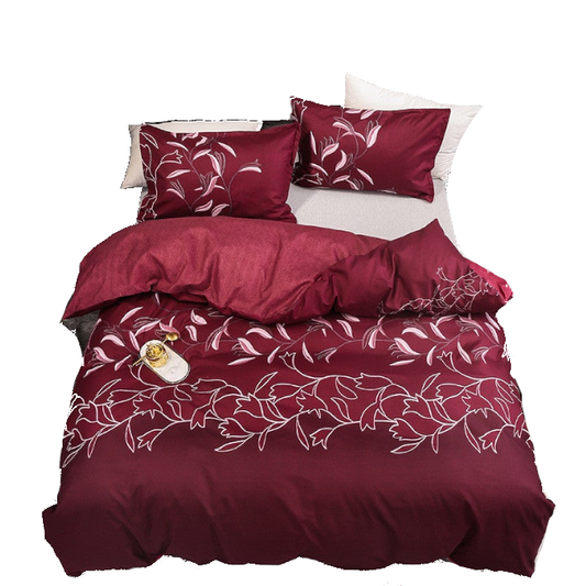 3Pcs Queen Bed Quilt Cover Set One Two Pillowcases Leafy Wine Red