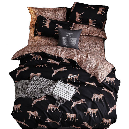 3Pcs Queen Bed Quilt Cover Set One Two Pillowcases Leopard Print Black