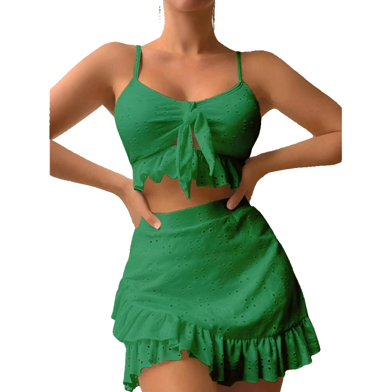 3Pcs Beach Bikini With Hip-Hugging Skirt Fashion Ruffle Design Swimsuit Set Summer Womens Clothing