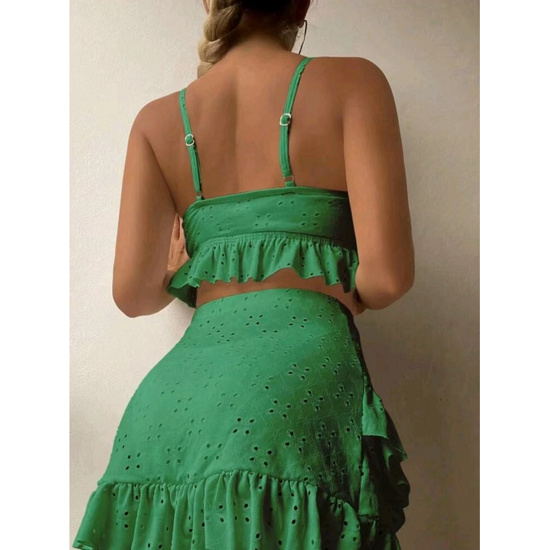 3Pcs Beach Bikini With Hip-Hugging Skirt Fashion Ruffle Design Swimsuit Set Summer Womens Clothing